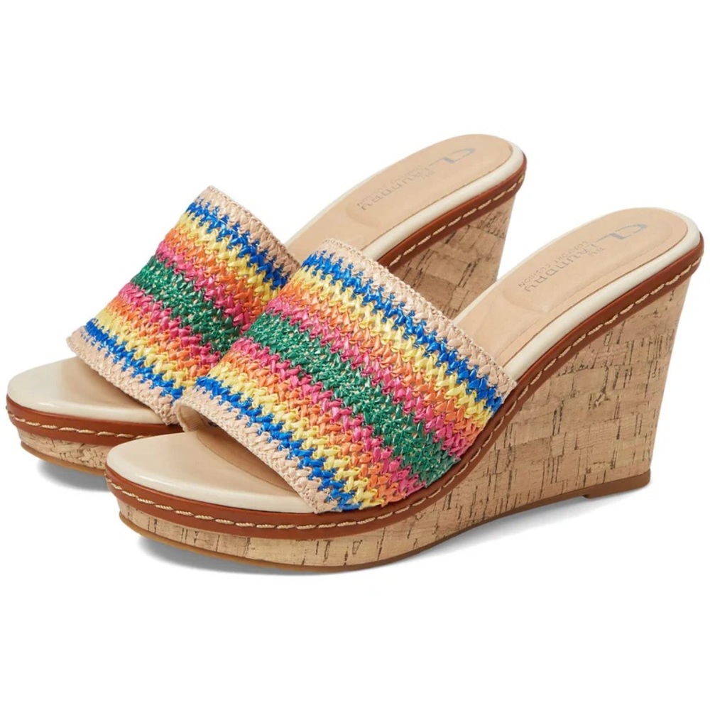 CL by Laundry Beginning women's rainbow woven straw upper cork wedge heel 6